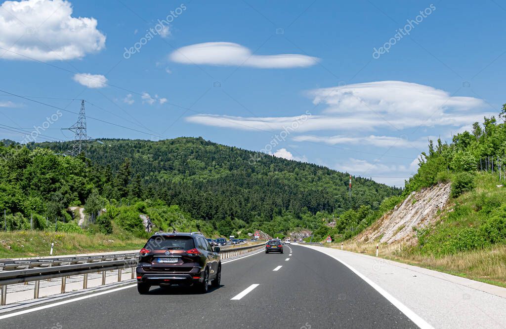 Zadar, Croatia - July 31, 2021: Nissan X-Trail on the highway in Zadar, Croatia.