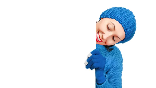 Girl showing a blank banner — Stock Photo, Image