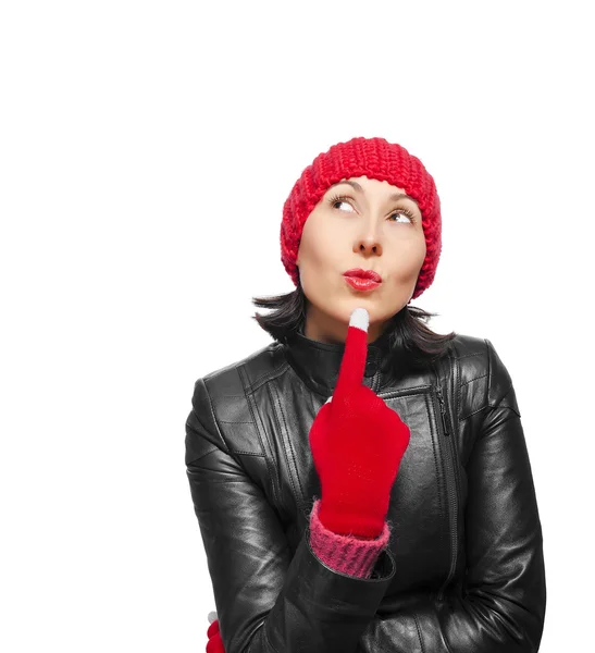 Pondered girl in leather jacket — Stock Photo, Image