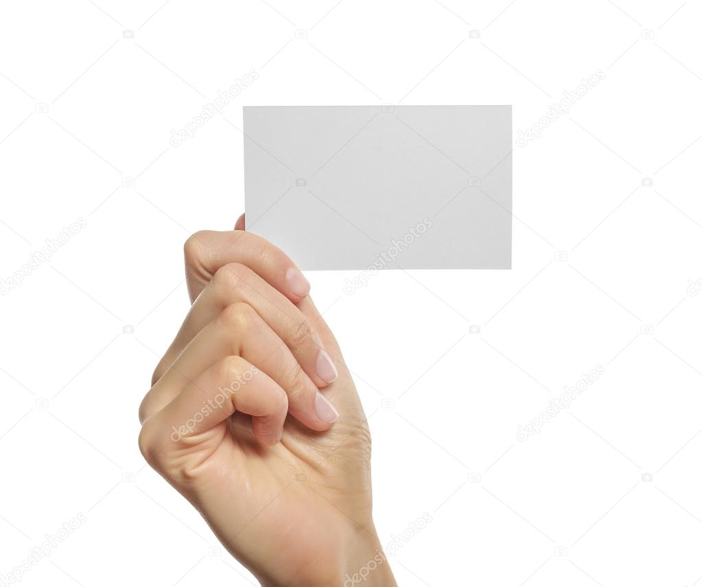 Woman holding blank business card in hand.