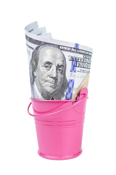 Money in a pink bucket — Stock Photo, Image