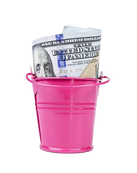 Money in a pink bucket — Stock Photo, Image