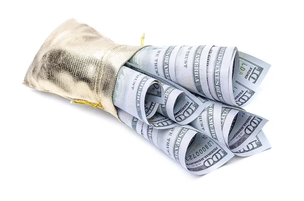 Gouden zak vol dollars — Stockfoto