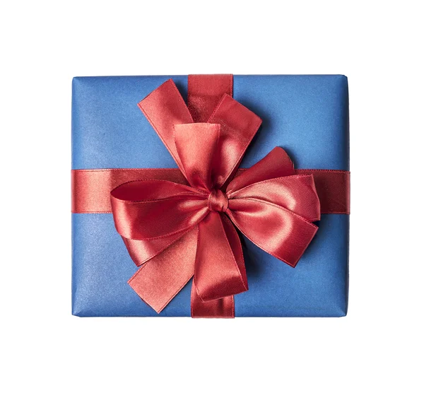 Blue gift box with red ribbon bow — Stock Photo, Image