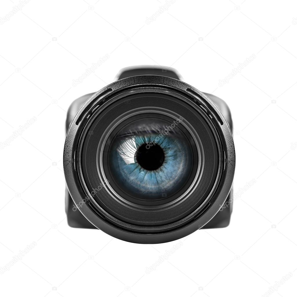 Blue Eye Looking Through a Digital Camera Lens.