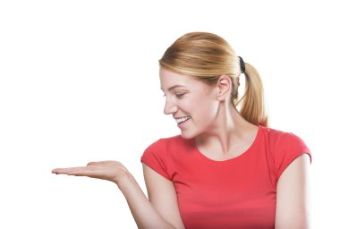 Blonde woman showing a product