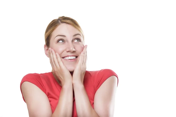 Woman holds her cheeks. — Stock Photo, Image