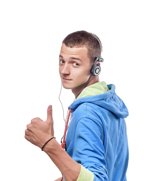 Guy using phone with headphones — Stock Photo, Image