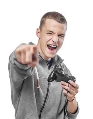 Young man with a joystick clipart