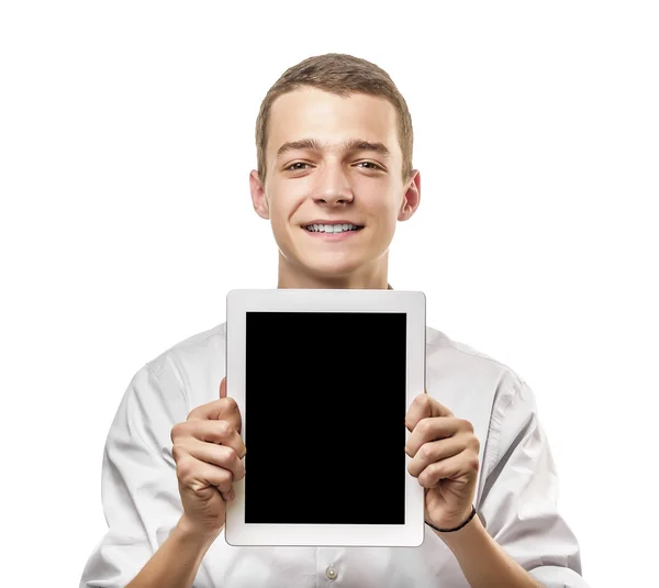 Young man showing tablet pc. — Stock Photo, Image