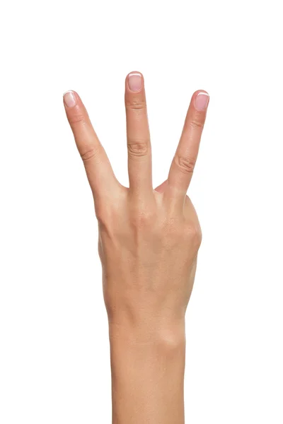 Mujer mano mostrando tres dedos . — Foto de Stock