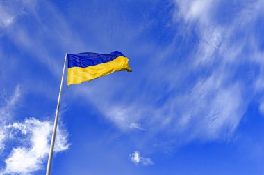 Büyük bir Ukrayna bayrağı, parlak mavi ve sarı yatay şeritleriyle, dramatik, parlak mavi gökyüzüne karşı dalgalanıyor, ince beyaz bulutlarla dolu, alçak bir açıdan bakıldığında.