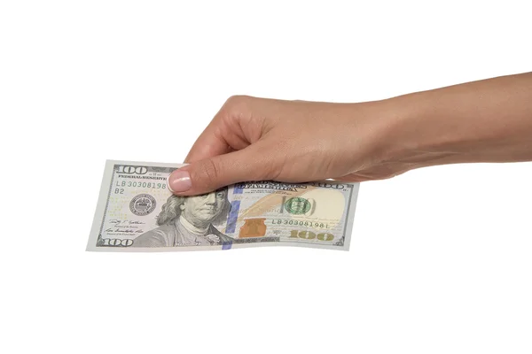 Vrouwelijke hand met geld dollar. — Stockfoto