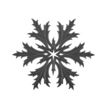 Tek bir koyu gri keçeli kar tanesinin parlak desenli süsü katı beyaz bir zemin üzerine kuruludur..