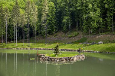 İnsan yapımı sakin bir gölette, durgun sularda yansıyan uzun çam ağaçları ile yemyeşil bir orman zeminine kurulmuş, tek bir yeşil ağacı olan küçük, taş duvarlı bir ada bulunur..