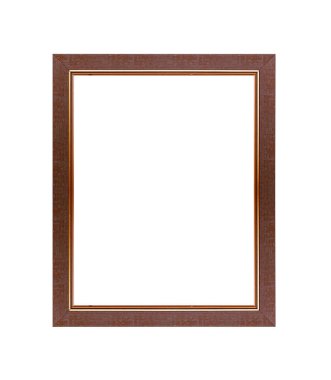Kahverengi desenli bir kaplaması ve beyaz arka planda izole edilmiş altın bir iç sınırı olan boş bir dikdörtgen ahşap çerçeve..