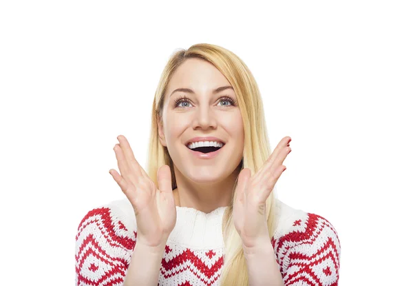 Blonde woman in pullover surprised. — Stock Photo, Image