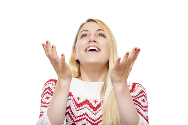 Blonde woman in pullover surprised. — Stock Photo, Image