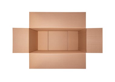 Boş kahverengi kıvrımlı karton kutu beyaz bir arka planda izole.
