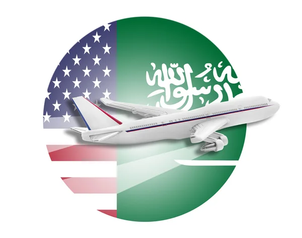 Plane, United States and Saudi Arabia flags. — Stock Photo, Image