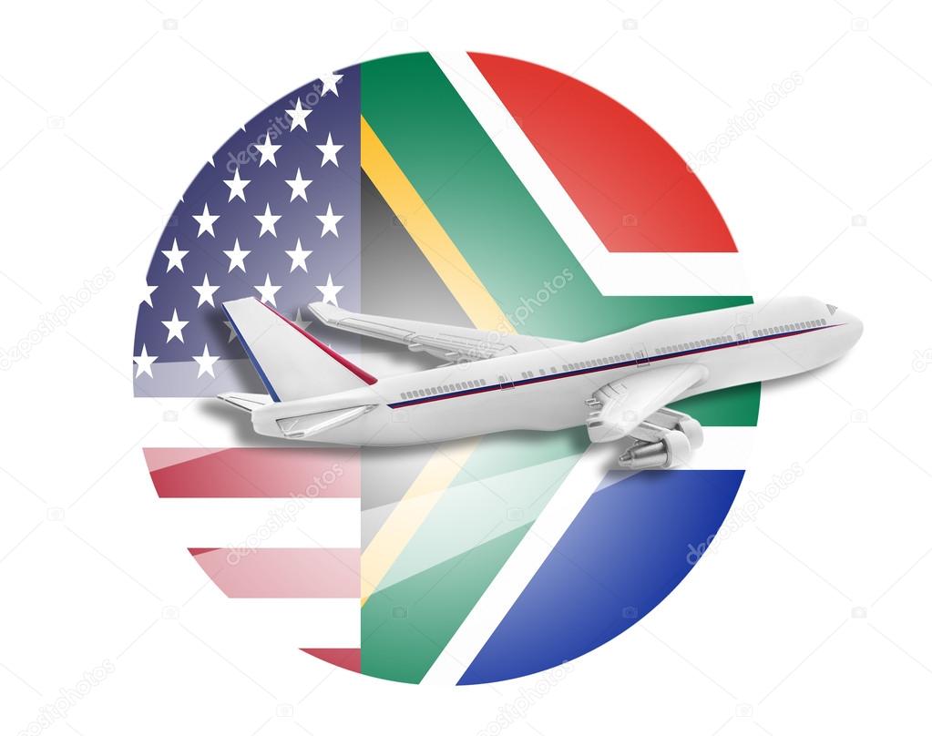 Plane, United States and South Africa flags.