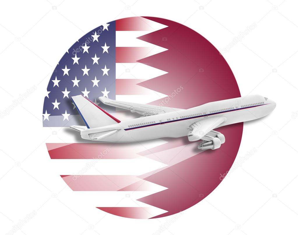 Plane, United States and Qatar flags.