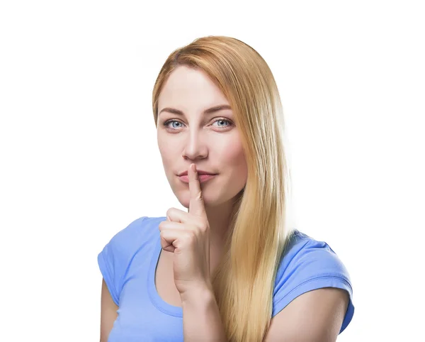Blonde holding a finger to her mouth. — Stock Photo, Image