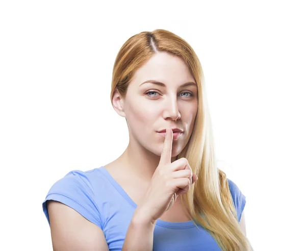 Blonde holding a finger to her mouth. — Stock Photo, Image