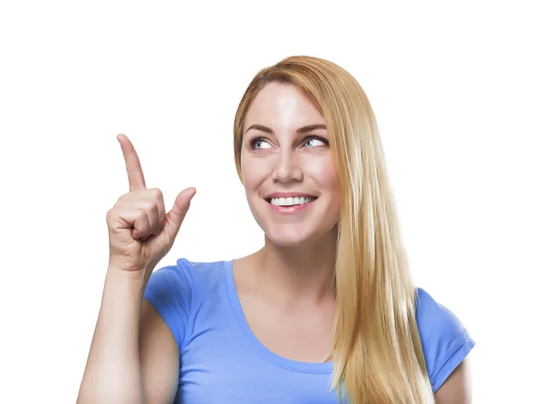 Blonde pointing a finger upwards — Stock Photo, Image