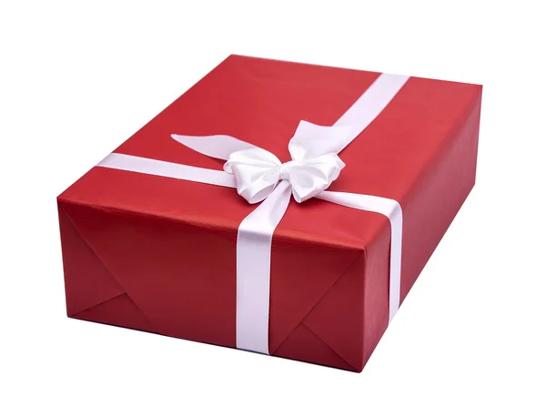 Red gift box with white ribbon. — Stock Photo, Image