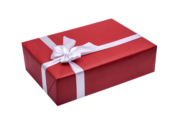 Красная подарочная коробка с белой лентой. — стоковое фото