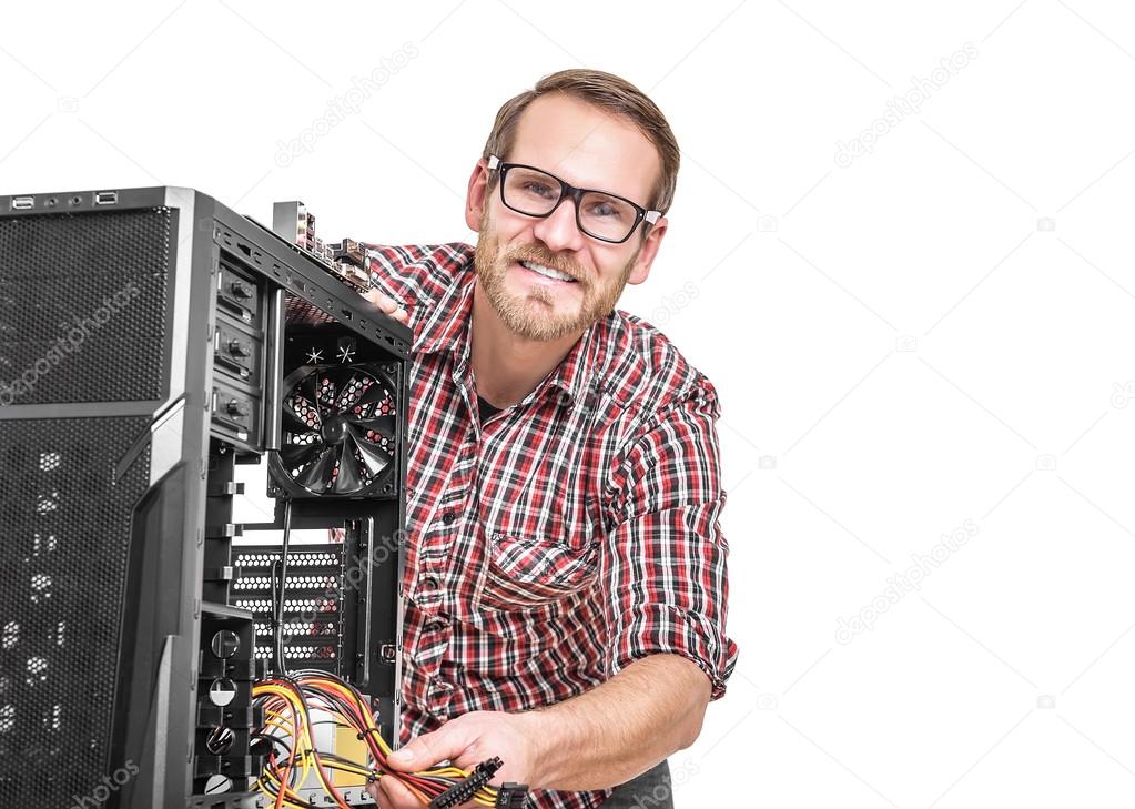 Male technician with computer.