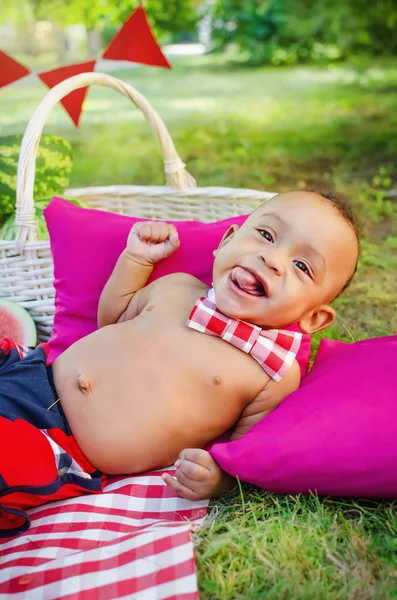 Allegro bambino ragazzo su erba — Foto Stock