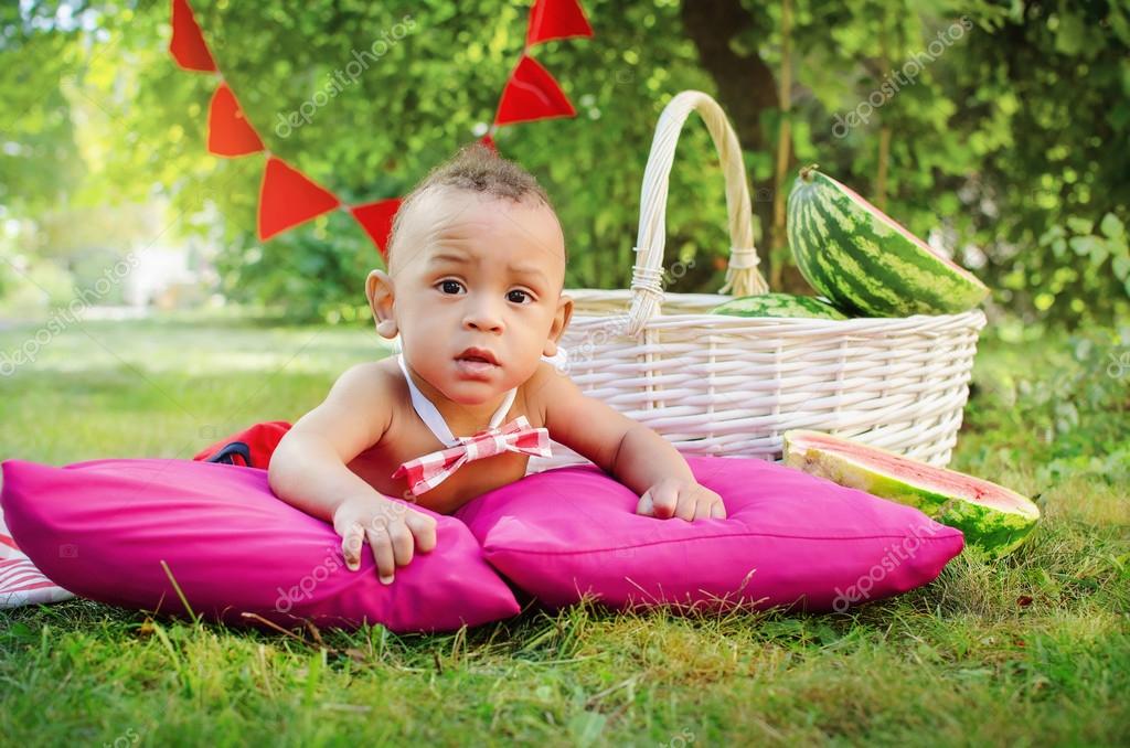 Baby boy with watermelon — Stock Photo © archikatia 81143634