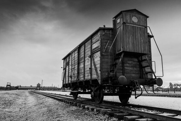 Auschwitz and Auschwitz-Birkenau, black and white photos, the cattle wagon for transporting prisoners