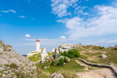 Sonbahar manzaralı Olsztyn köyündeki ortaçağ şatosu. Kartal Yuvalarının İzi (Szlak Orlich Gniazd). Krakow - Czestochowa Upland.