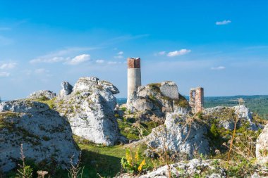 Sonbahar manzaralı Olsztyn köyündeki ortaçağ şatosu. Kartal Yuvalarının İzi (Szlak Orlich Gniazd). Krakow - Czestochowa Upland.