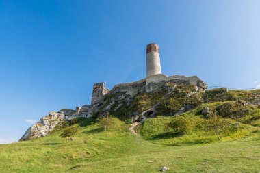Sonbahar manzaralı Olsztyn köyündeki ortaçağ şatosu. Kartal Yuvalarının İzi (Szlak Orlich Gniazd). Krakow - Czestochowa Upland.