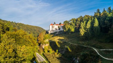 Polonya 'nın Krakow kenti yakınlarındaki kireçtaşı uçurumu Pieskowa Skala, izole kaya 