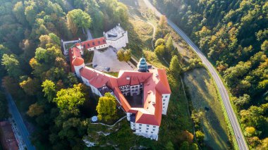 Polonya 'nın Krakow kenti yakınlarındaki kireçtaşı uçurumu Pieskowa Skala, izole kaya 