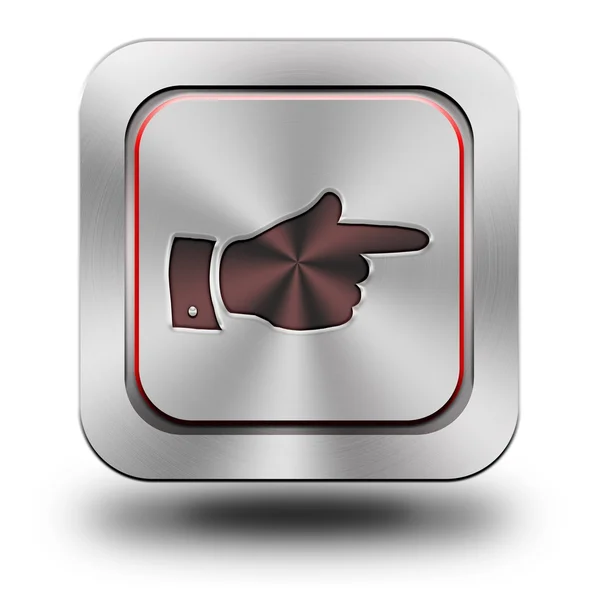 Point the finger, tha direction of, aluminum glossy icon — Stock Photo, Image