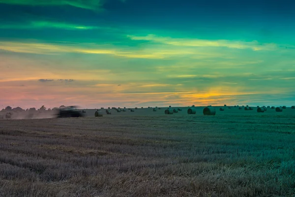 Åkrar och ängar under solnedgången — Stockfoto