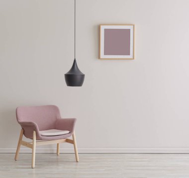 Dekoratif beyaz duvar, çerçeve, pembe koltuk ve siyah lamba tarzı.