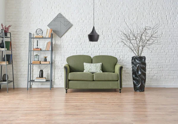 Fondo Pared Ladrillo Blanco Moderno Sofá Verde Gris Detalle Muebles — Foto de Stock