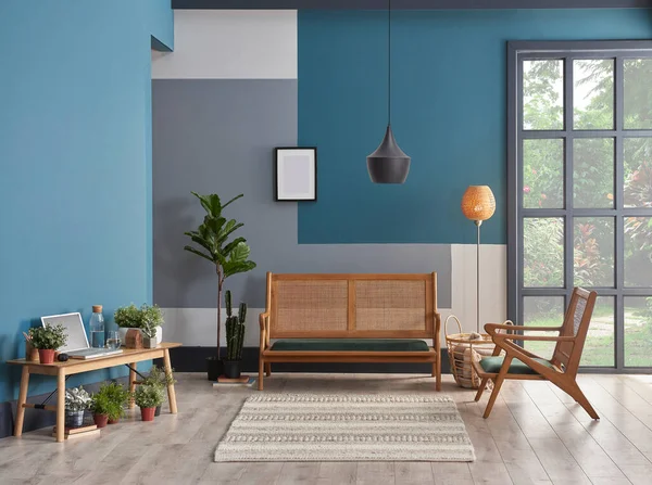 Moderne Blauwe Huis Decoratie Rieten Bank Kamer Frame Vaas Van — Stockfoto