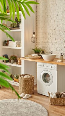 Çamaşır makinesi ve kitaplık tarzıyla modern banyo odası, ev aksesuarları ahşap masa ve lavabo..