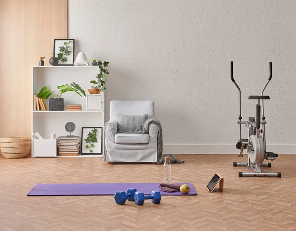 Ev konsepti, iç mekan, spor salonu spor, spor salonu mor paspas, dambıl ve bisiklet.
