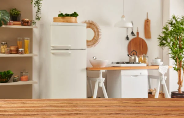 Cerca Mesa Madera Decorativo Estilo Fondo Cocina Frigorífico Lavavajillas Cocina — Foto de Stock