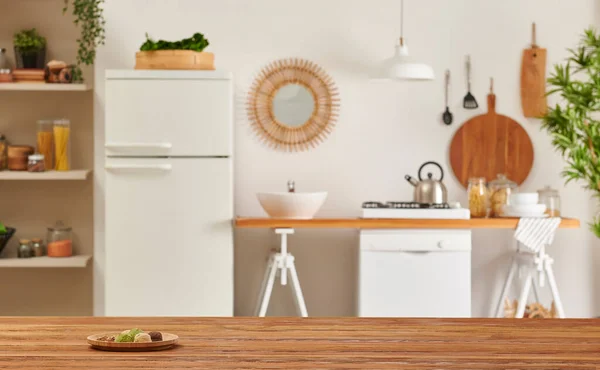 Close Wooden Table Decorative Kitchen Background Style Refrigerator Dishwasher Stove — Stock Photo, Image