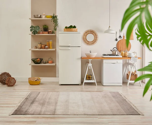 Alfombra Cocina Estilo Parquet Decorativo Nuevo Refrigerador Lavavajillas Estante Espejo — Foto de Stock